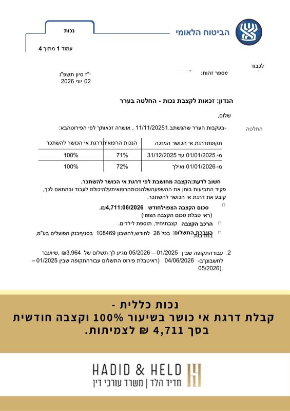 נכות כללית - קבלת דרגת אי כושר בשיעור 100% וקצבה חודשית בסך 4,711 ₪ לצמיתות. - עו״ד חדיד הלד