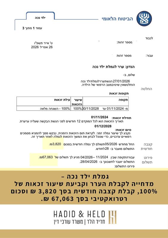 גמלת ילד נכה מדחייה לקבלת הערר - עו״ד חדיד הלד