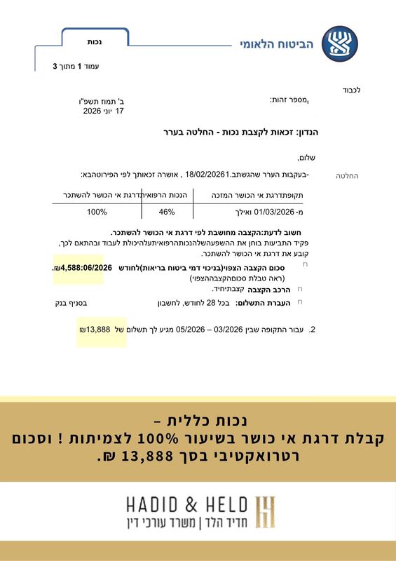נכות כללית – קבלת דרגת אי כושר בשיעור 100% לצמיתות ! וסכום רטרואקטיבי בסך 13,888 ₪. - עו״ד חדיד הלד