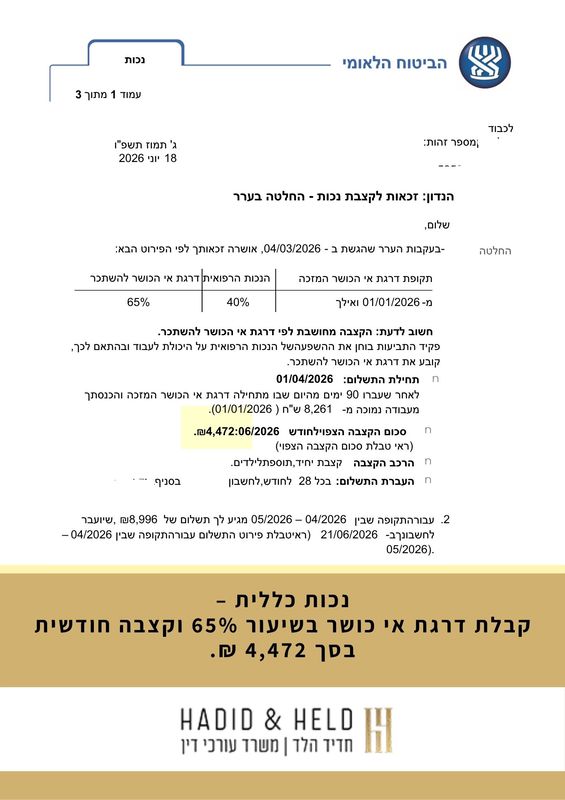 נכות כללית – קבלת דרגת אי כושר בשיעור 65% וקצבה חודשית בסך 4,472 ₪. - עו״ד חדיד הלד