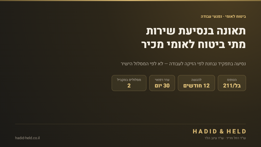 תאונה בנסיעת שירות וביטוח לאומי: נסיעה בתפקיד נבחנת לפי הזיקה לעבודה, טופס בל/211, הגשה עד 12 חודשים וערר רפואי תוך 30 יום