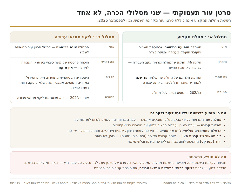 שני מסלולי הכרה בסרטן עור תעסוקתי: מחלת מקצוע לפי התוספת השנייה עם חזקה לפי תקנה 46, לעומת ליקוי רפואי כתוצאה מתנאי עבודה שדורש הוכחת קשר סיבתי